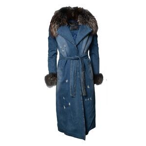 Philipp Plein, denim trench coat with fur collar